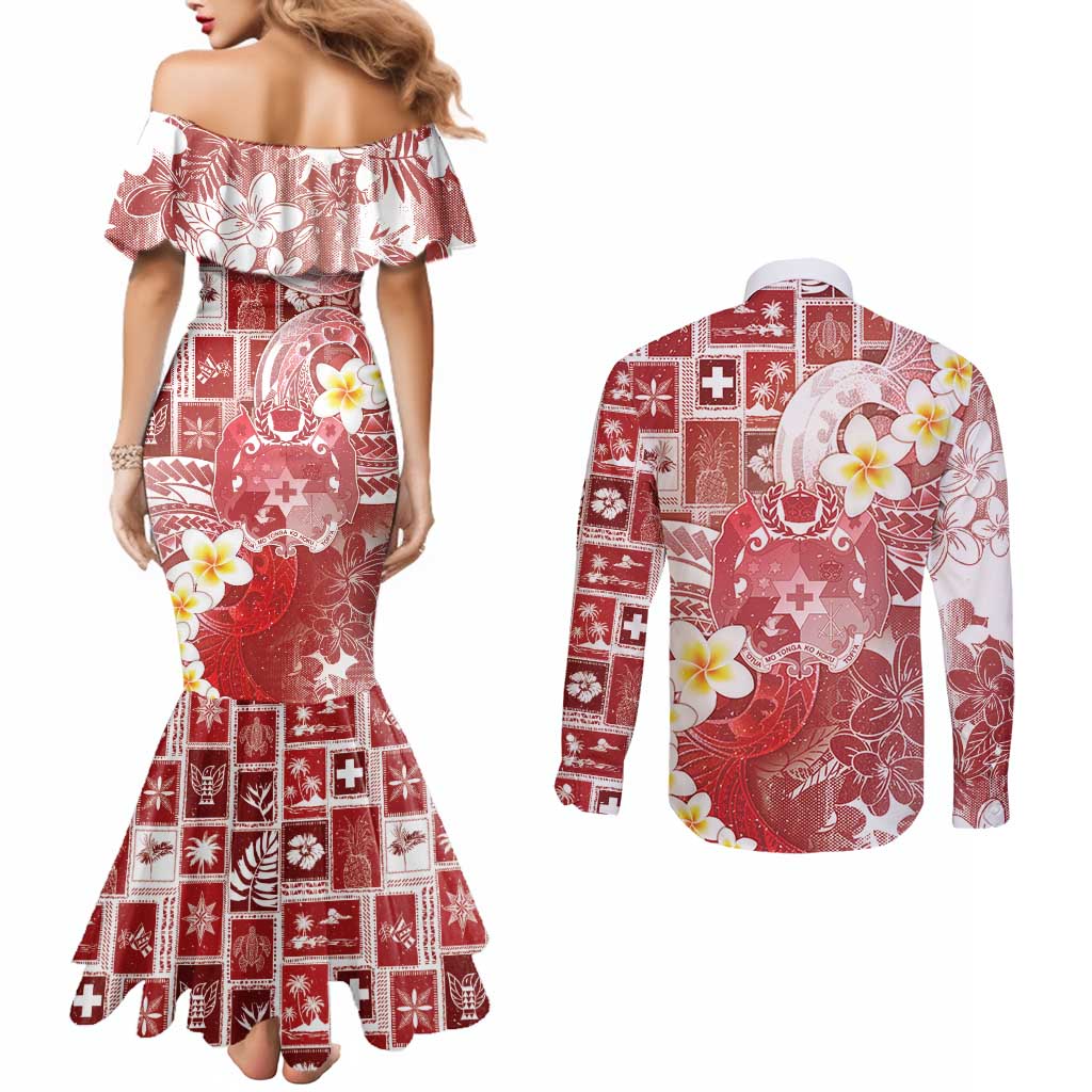 Tonga Christmas Couples Matching Mermaid Dress and Long Sleeve Button Shirt Kilisimasi Fiefia Retro Style Red LT05 - Polynesian Pride
