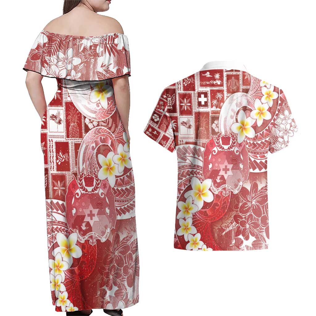 Tonga Christmas Couples Matching Off Shoulder Maxi Dress and Hawaiian Shirt Kilisimasi Fiefia Retro Style Red LT05 - Polynesian Pride