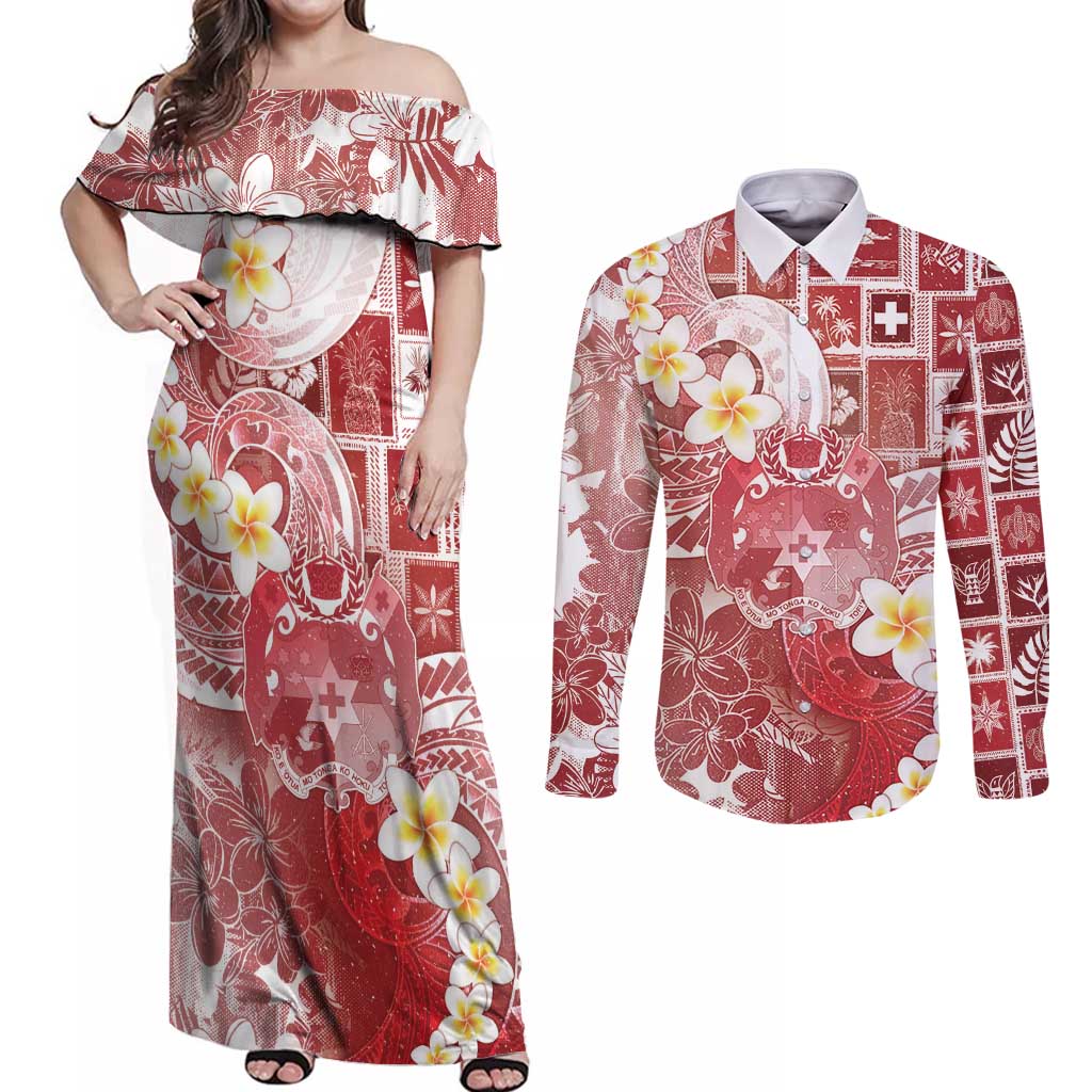 Tonga Christmas Couples Matching Off Shoulder Maxi Dress and Long Sleeve Button Shirt Kilisimasi Fiefia Retro Style Red LT05 Red - Polynesian Pride