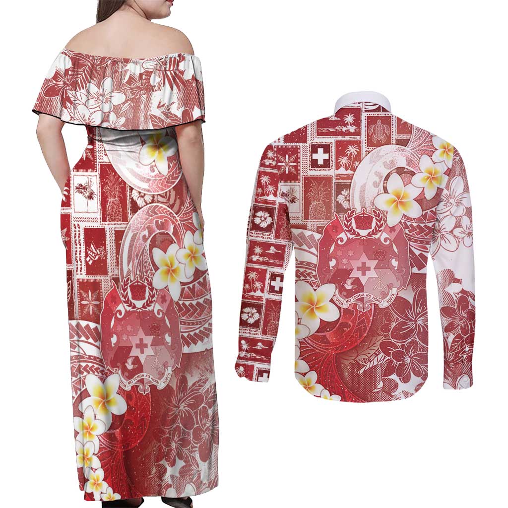 Tonga Christmas Couples Matching Off Shoulder Maxi Dress and Long Sleeve Button Shirt Kilisimasi Fiefia Retro Style Red LT05 - Polynesian Pride