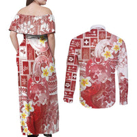 Tonga Christmas Couples Matching Off Shoulder Maxi Dress and Long Sleeve Button Shirt Kilisimasi Fiefia Retro Style Red LT05 - Polynesian Pride