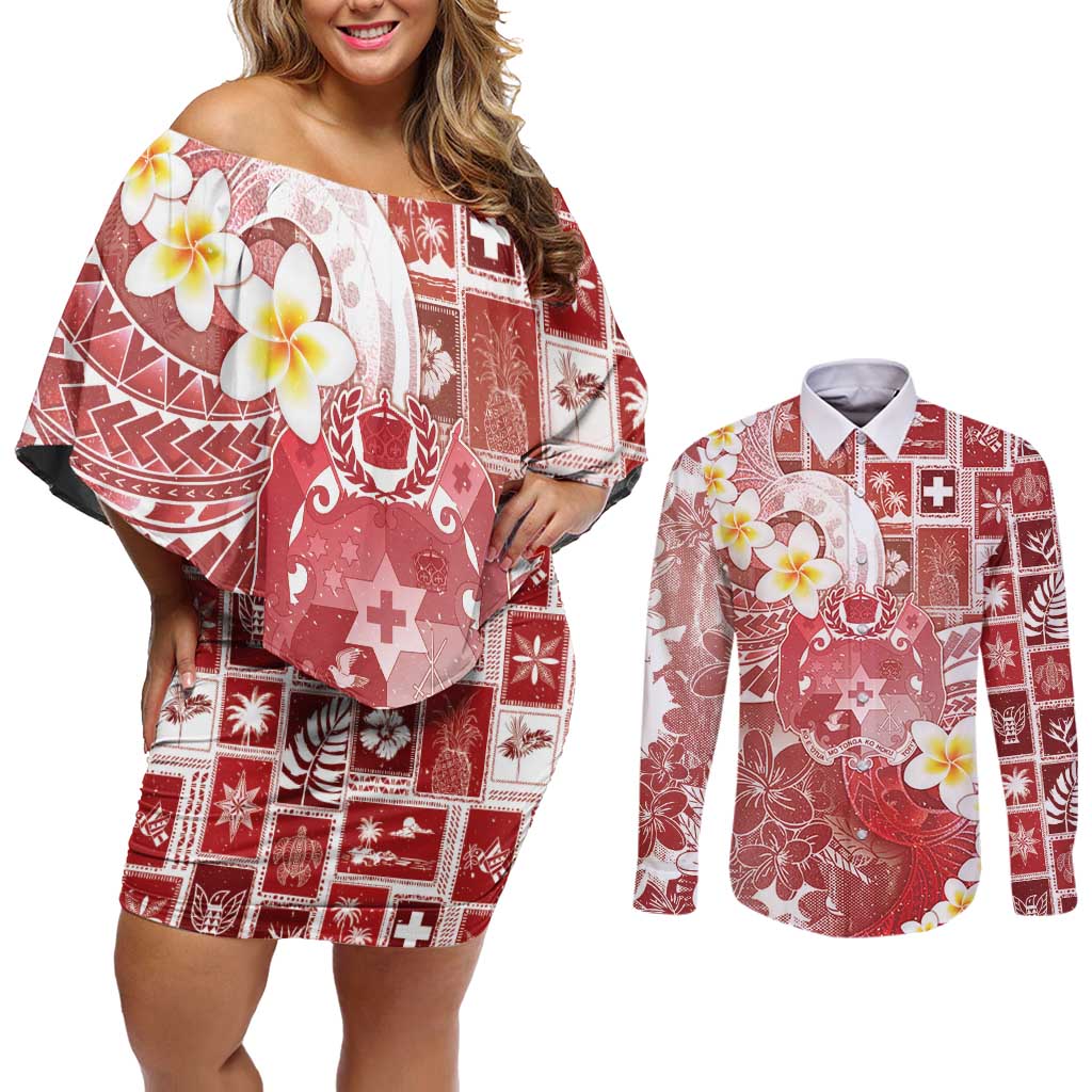 Tonga Christmas Couples Matching Off Shoulder Short Dress and Long Sleeve Button Shirt Kilisimasi Fiefia Retro Style Red LT05 Red - Polynesian Pride