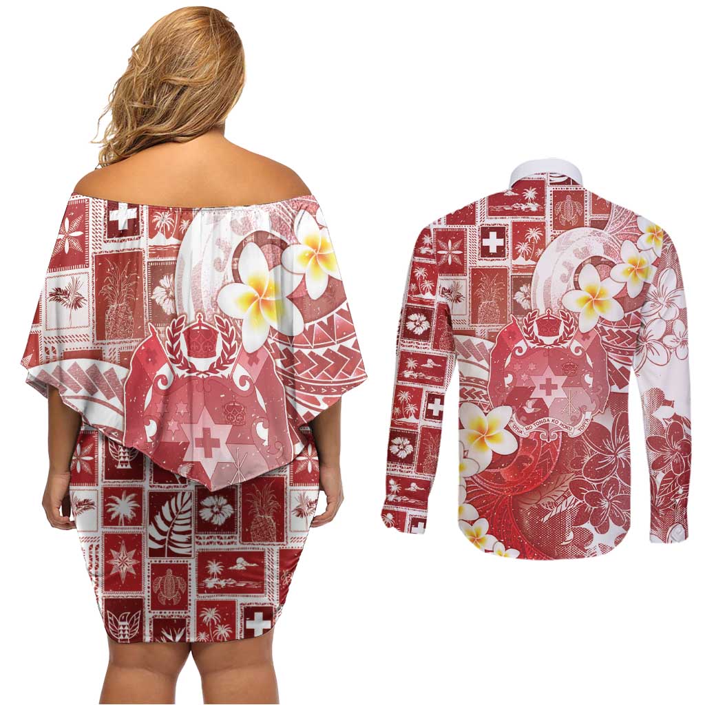 Tonga Christmas Couples Matching Off Shoulder Short Dress and Long Sleeve Button Shirt Kilisimasi Fiefia Retro Style Red LT05 - Polynesian Pride