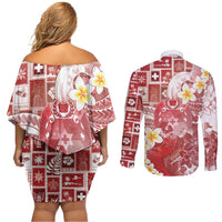 Tonga Christmas Couples Matching Off Shoulder Short Dress and Long Sleeve Button Shirt Kilisimasi Fiefia Retro Style Red LT05 - Polynesian Pride