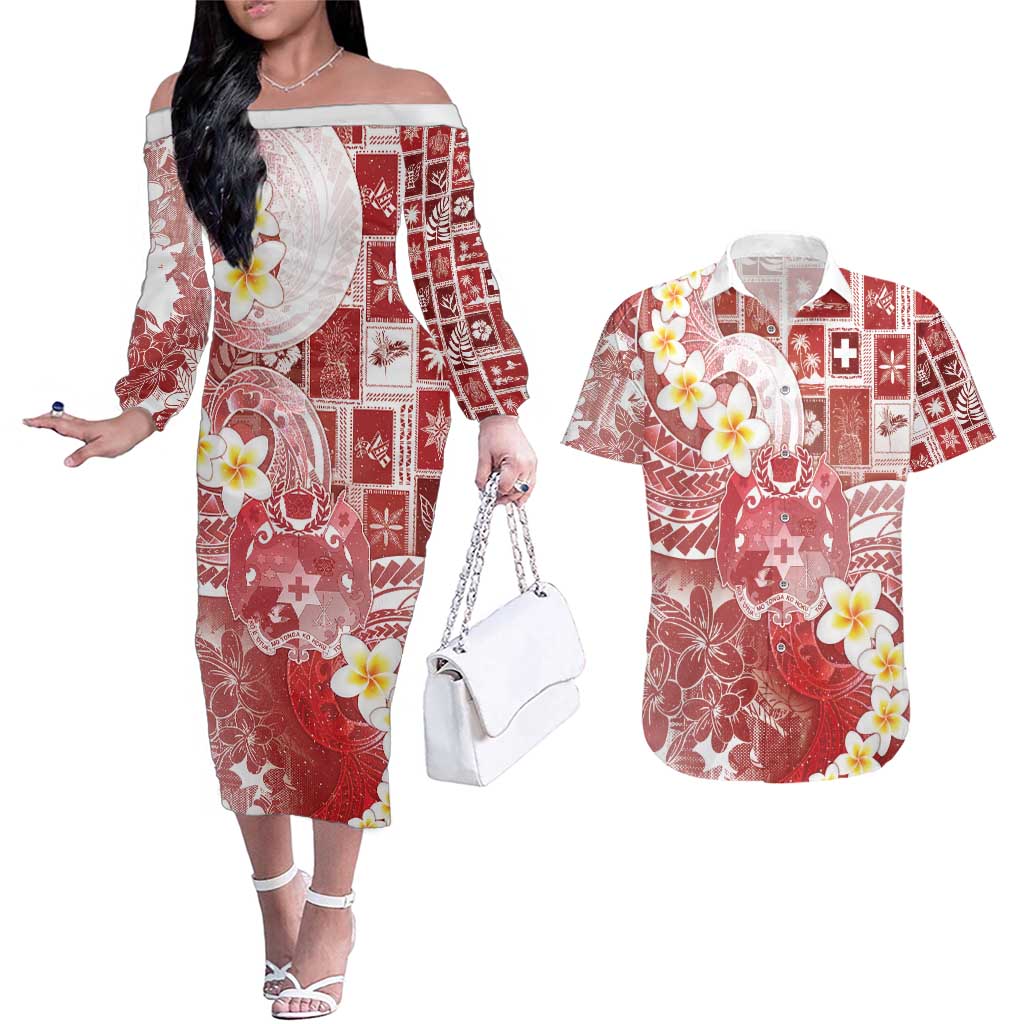 Tonga Christmas Couples Matching Off The Shoulder Long Sleeve Dress and Hawaiian Shirt Kilisimasi Fiefia Retro Style Red LT05 Red - Polynesian Pride