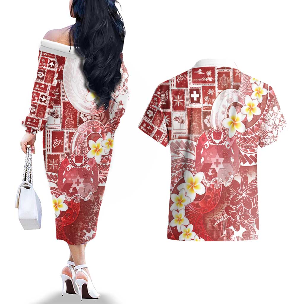 Tonga Christmas Couples Matching Off The Shoulder Long Sleeve Dress and Hawaiian Shirt Kilisimasi Fiefia Retro Style Red LT05 - Polynesian Pride