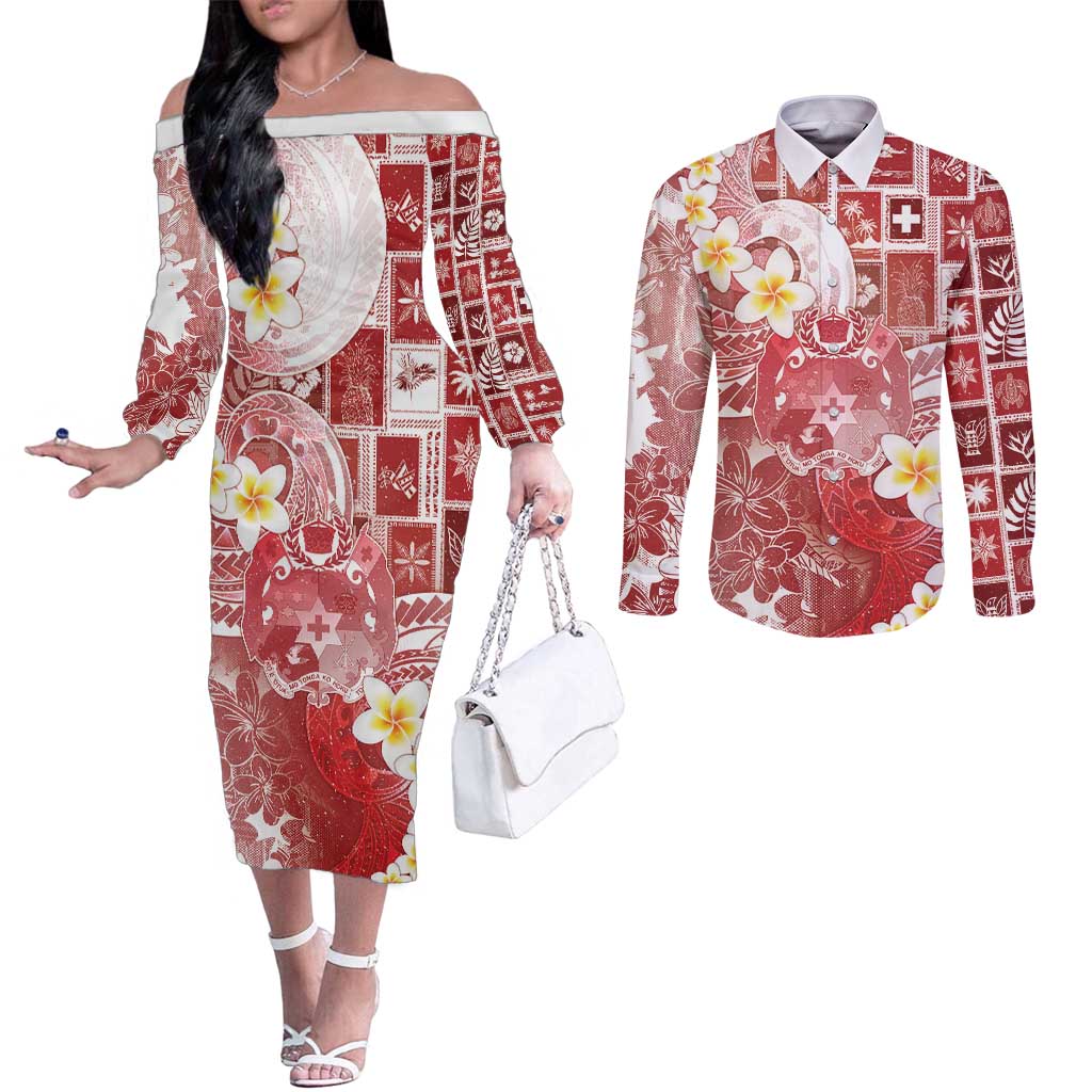Tonga Christmas Couples Matching Off The Shoulder Long Sleeve Dress and Long Sleeve Button Shirt Kilisimasi Fiefia Retro Style Red LT05 Red - Polynesian Pride