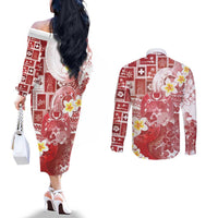 Tonga Christmas Couples Matching Off The Shoulder Long Sleeve Dress and Long Sleeve Button Shirt Kilisimasi Fiefia Retro Style Red LT05 - Polynesian Pride