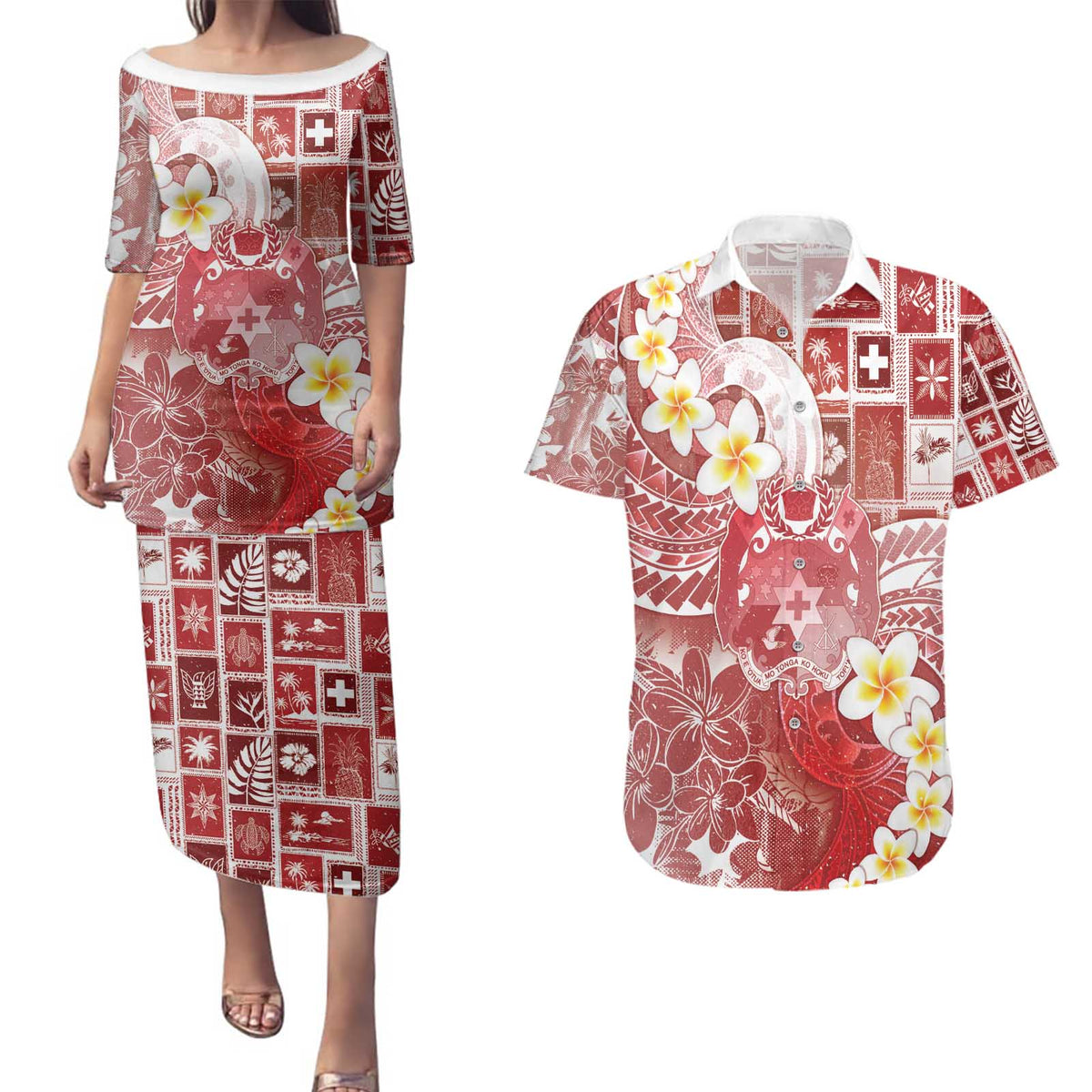 Tonga Christmas Couples Matching Puletasi and Hawaiian Shirt Kilisimasi Fiefia Retro Style Red LT05 Red - Polynesian Pride