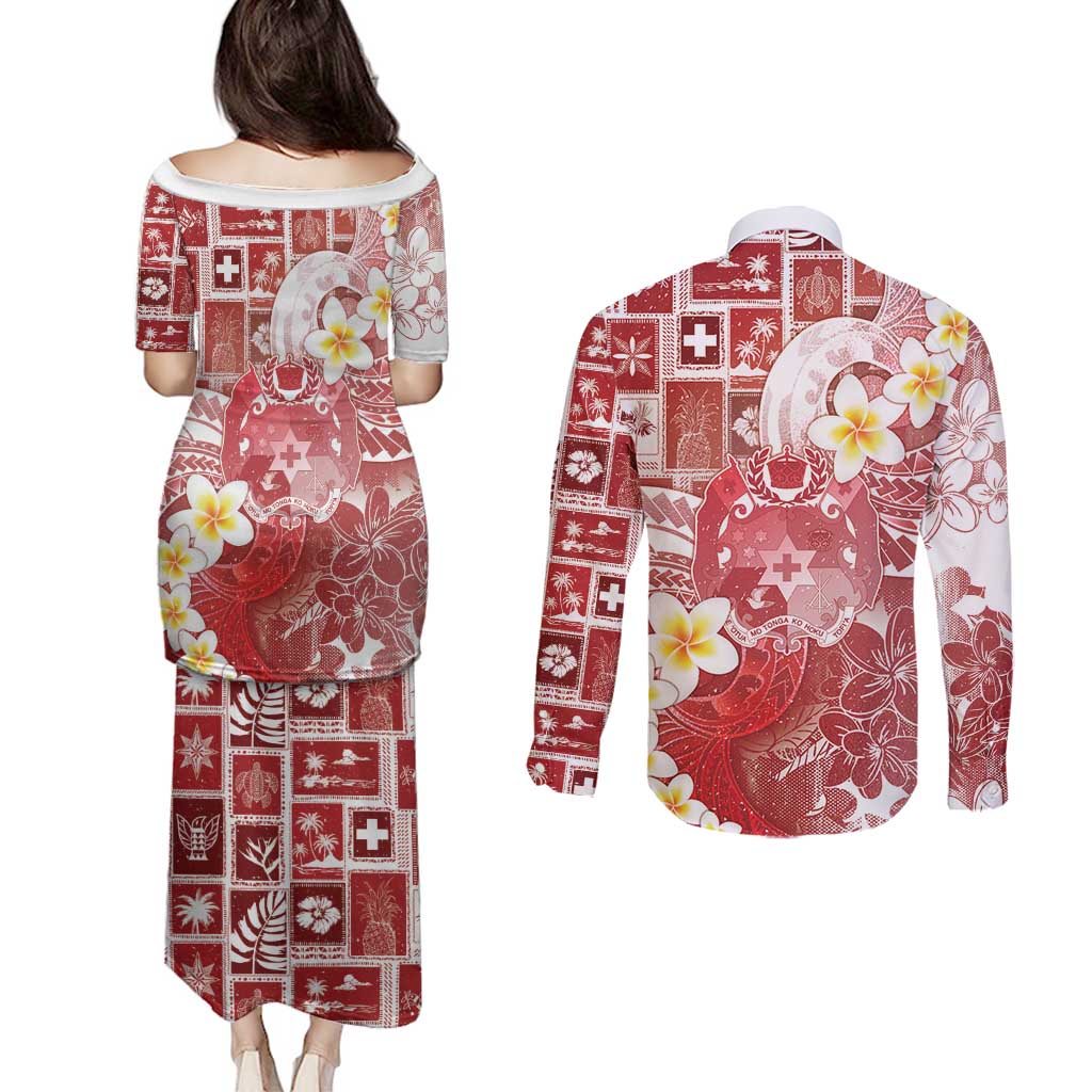Tonga Christmas Couples Matching Puletasi and Long Sleeve Button Shirt Kilisimasi Fiefia Retro Style Red LT05 - Polynesian Pride