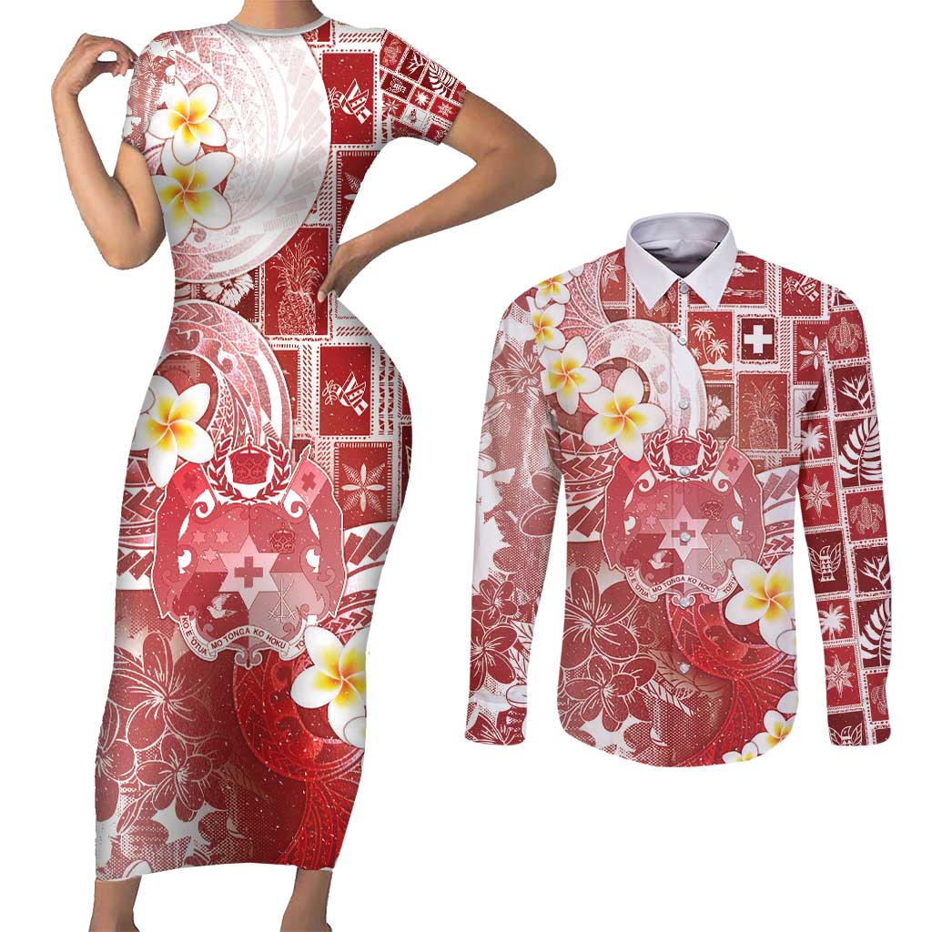 Tonga Christmas Couples Matching Short Sleeve Bodycon Dress and Long Sleeve Button Shirt Kilisimasi Fiefia Retro Style Red LT05 Red - Polynesian Pride
