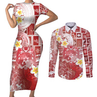 Tonga Christmas Couples Matching Short Sleeve Bodycon Dress and Long Sleeve Button Shirt Kilisimasi Fiefia Retro Style Red LT05 Red - Polynesian Pride