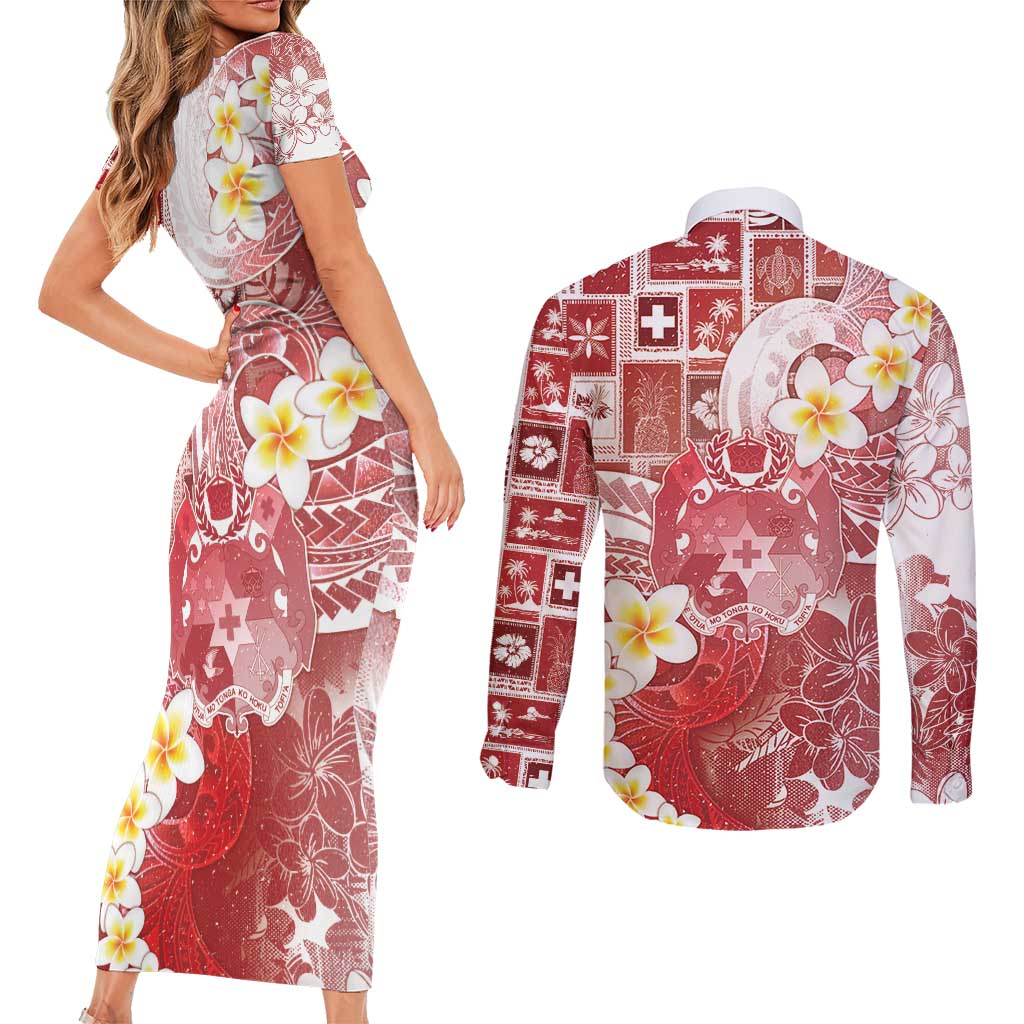 Tonga Christmas Couples Matching Short Sleeve Bodycon Dress and Long Sleeve Button Shirt Kilisimasi Fiefia Retro Style Red LT05 - Polynesian Pride