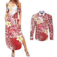 Tonga Christmas Couples Matching Summer Maxi Dress and Long Sleeve Button Shirt Kilisimasi Fiefia Retro Style Red LT05 Red - Polynesian Pride