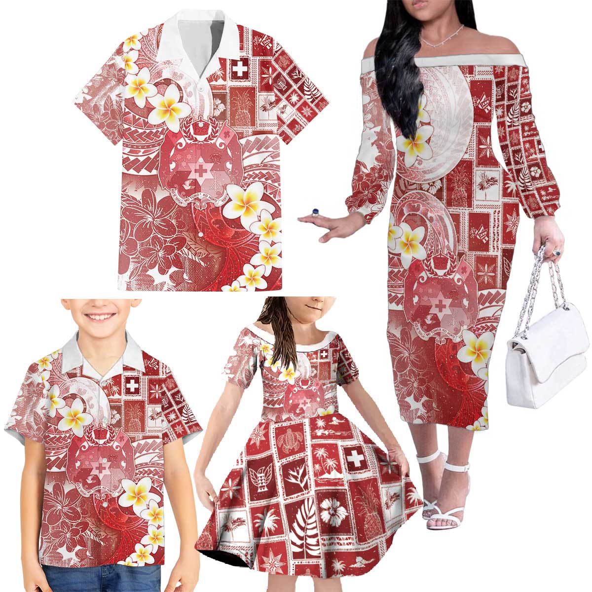 Tonga Christmas Family Matching Off The Shoulder Long Sleeve Dress and Hawaiian Shirt Kilisimasi Fiefia Retro Style Red LT05 - Polynesian Pride