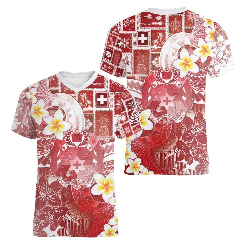 Tonga Christmas Women V-Neck T-Shirt Kilisimasi Fiefia Retro Style Red LT05 - Polynesian Pride