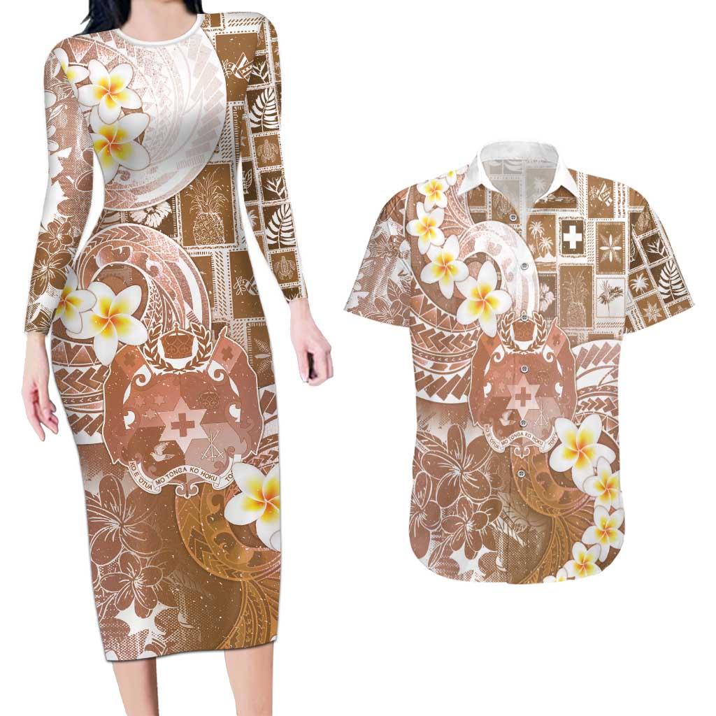 Tonga Christmas Couples Matching Long Sleeve Bodycon Dress and Hawaiian Shirt Kilisimasi Fiefia Retro Style Brown LT05 Brown - Polynesian Pride