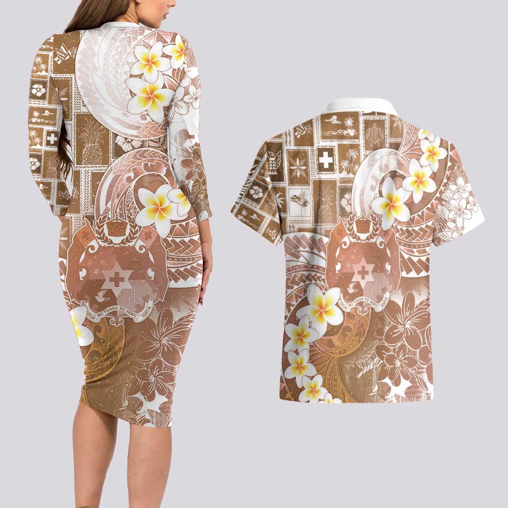 Tonga Christmas Couples Matching Long Sleeve Bodycon Dress and Hawaiian Shirt Kilisimasi Fiefia Retro Style Brown LT05 - Polynesian Pride
