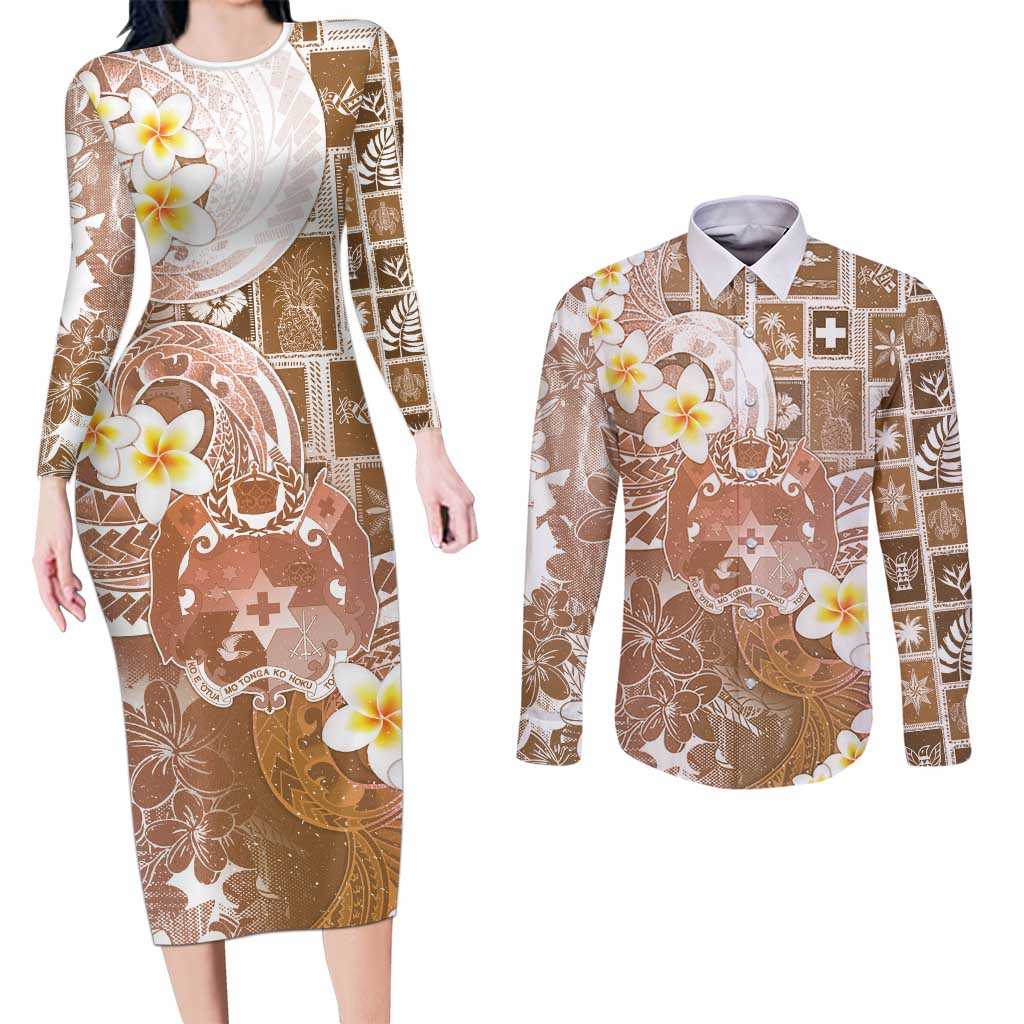 Tonga Christmas Couples Matching Long Sleeve Bodycon Dress and Long Sleeve Button Shirt Kilisimasi Fiefia Retro Style Brown LT05 Brown - Polynesian Pride