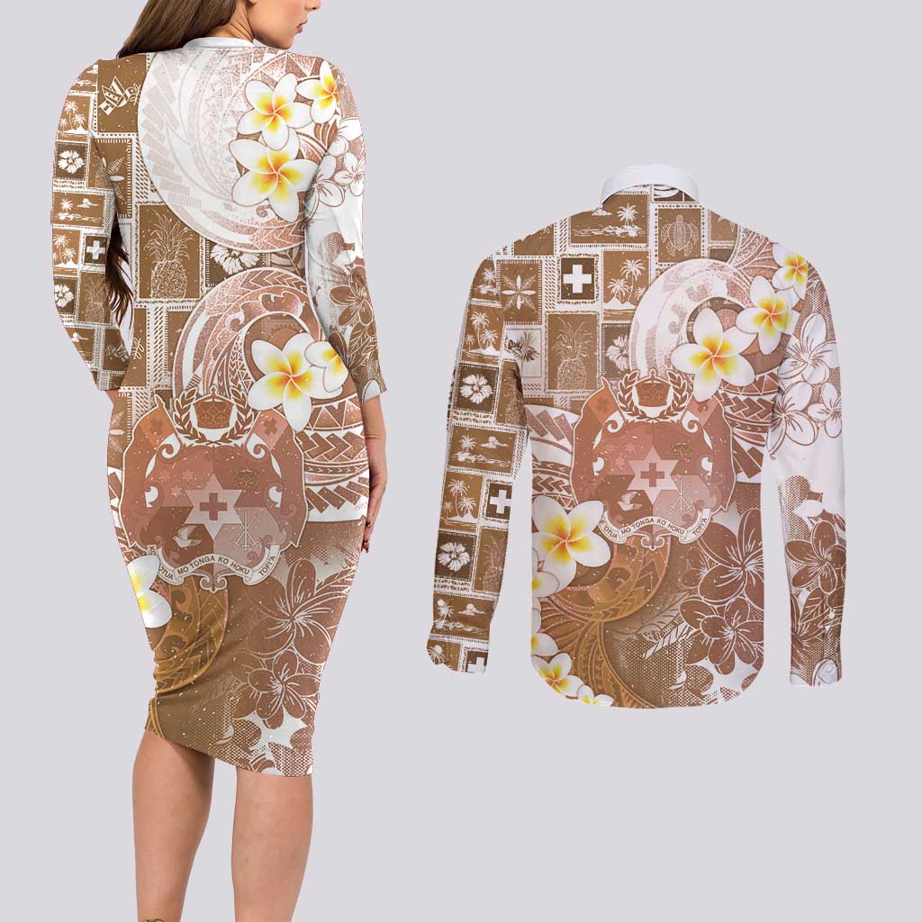Tonga Christmas Couples Matching Long Sleeve Bodycon Dress and Long Sleeve Button Shirt Kilisimasi Fiefia Retro Style Brown LT05 - Polynesian Pride