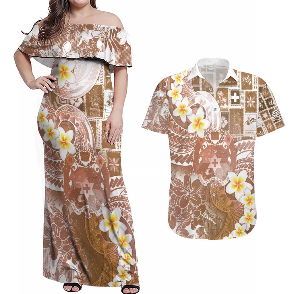 Tonga Christmas Couples Matching Off Shoulder Maxi Dress and Hawaiian Shirt Kilisimasi Fiefia Retro Style Brown LT05 Brown - Polynesian Pride