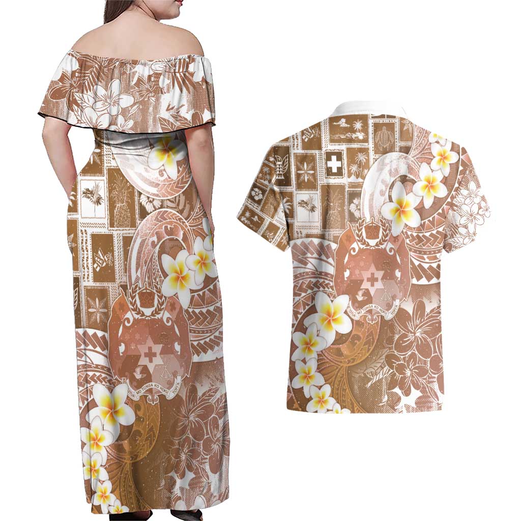 Tonga Christmas Couples Matching Off Shoulder Maxi Dress and Hawaiian Shirt Kilisimasi Fiefia Retro Style Brown LT05 - Polynesian Pride