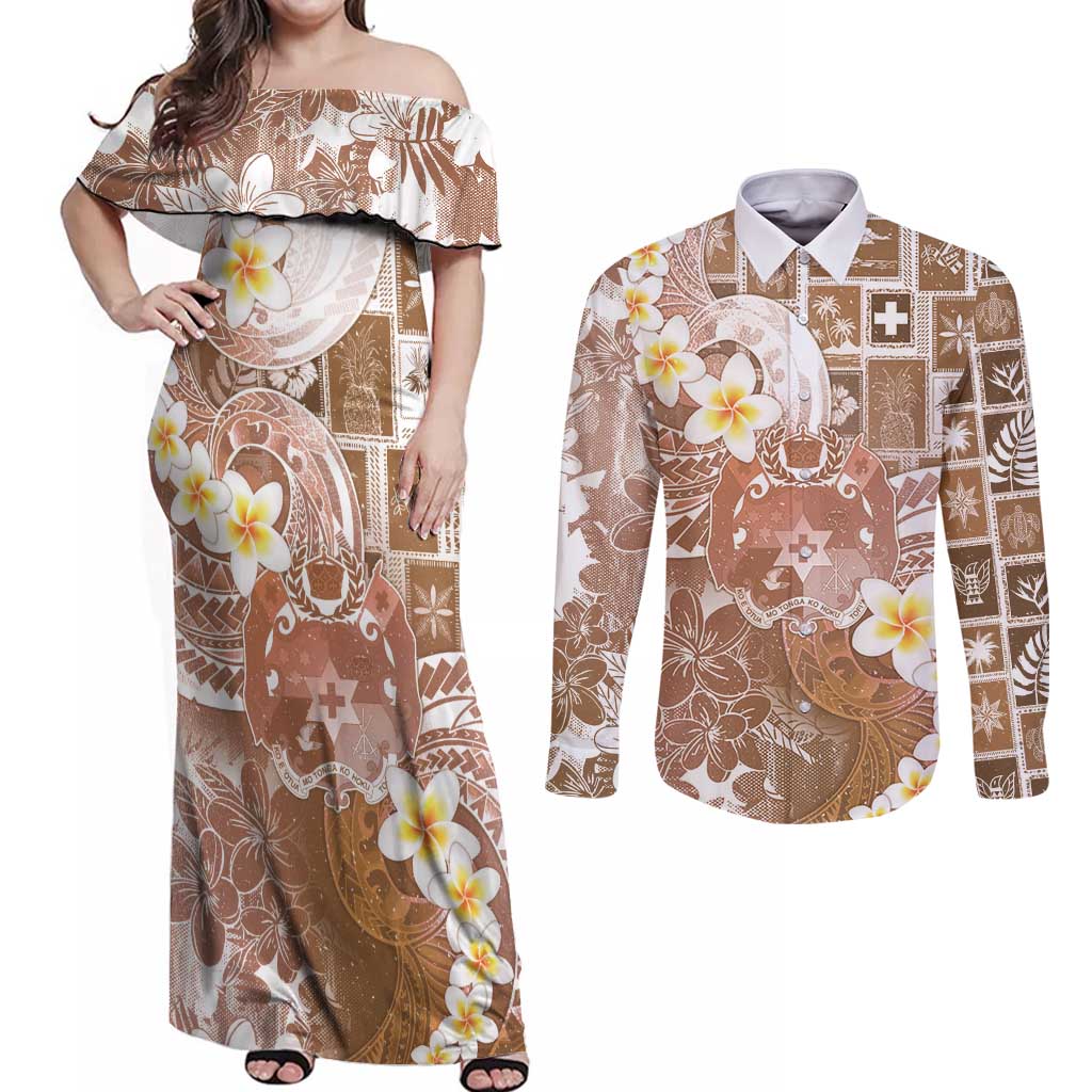 Tonga Christmas Couples Matching Off Shoulder Maxi Dress and Long Sleeve Button Shirt Kilisimasi Fiefia Retro Style Brown LT05 Brown - Polynesian Pride