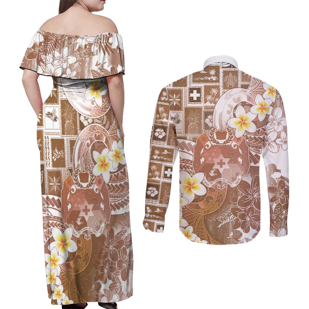 Tonga Christmas Couples Matching Off Shoulder Maxi Dress and Long Sleeve Button Shirt Kilisimasi Fiefia Retro Style Brown LT05 - Polynesian Pride