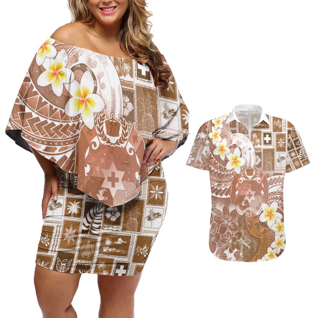 Tonga Christmas Couples Matching Off Shoulder Short Dress and Hawaiian Shirt Kilisimasi Fiefia Retro Style Brown LT05 Brown - Polynesian Pride