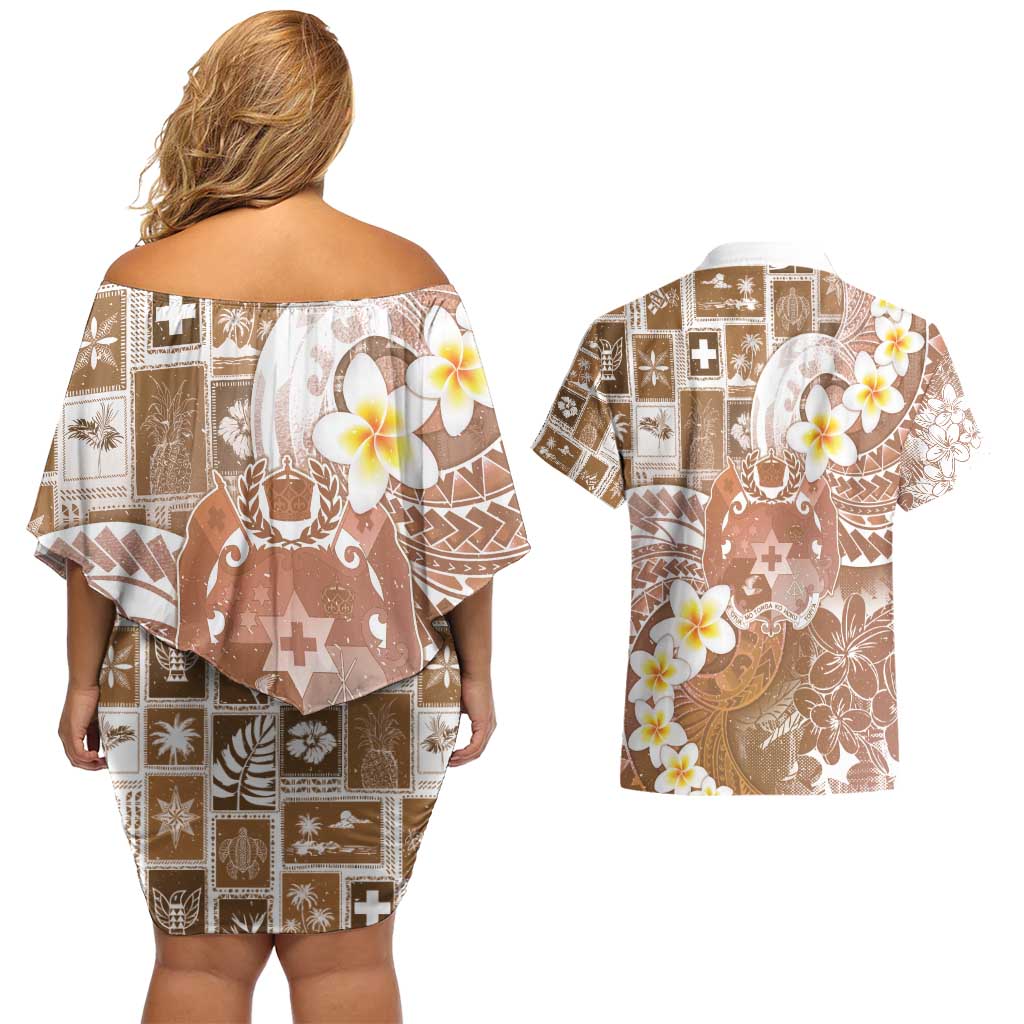 Tonga Christmas Couples Matching Off Shoulder Short Dress and Hawaiian Shirt Kilisimasi Fiefia Retro Style Brown LT05 - Polynesian Pride
