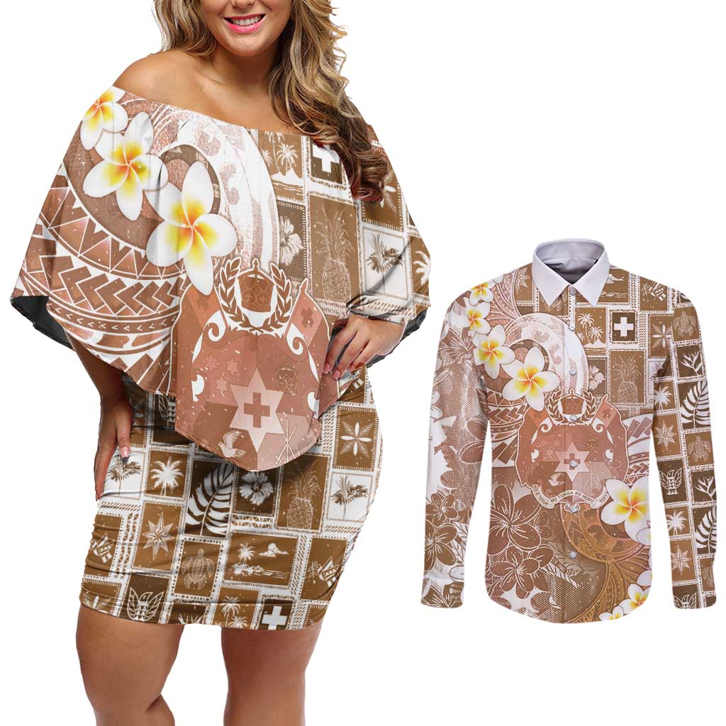 Tonga Christmas Couples Matching Off Shoulder Short Dress and Long Sleeve Button Shirt Kilisimasi Fiefia Retro Style Brown LT05 Brown - Polynesian Pride