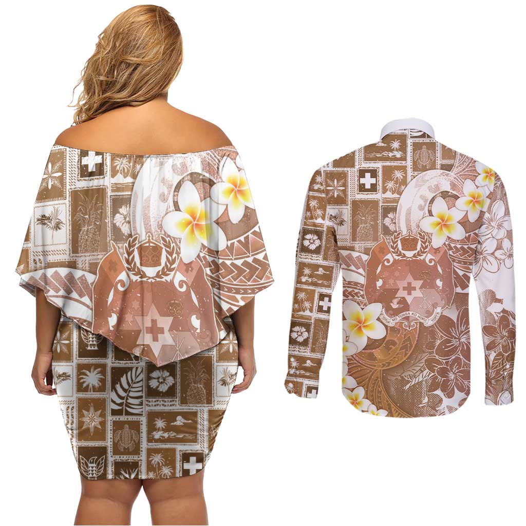 Tonga Christmas Couples Matching Off Shoulder Short Dress and Long Sleeve Button Shirt Kilisimasi Fiefia Retro Style Brown LT05 - Polynesian Pride