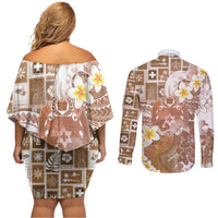 Tonga Christmas Couples Matching Off Shoulder Short Dress and Long Sleeve Button Shirt Kilisimasi Fiefia Retro Style Brown LT05 - Polynesian Pride