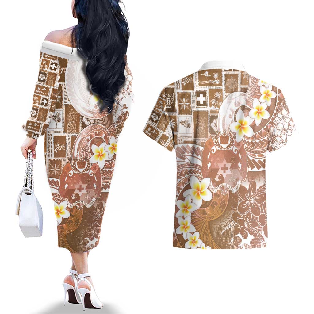Tonga Christmas Couples Matching Off The Shoulder Long Sleeve Dress and Hawaiian Shirt Kilisimasi Fiefia Retro Style Brown LT05 - Polynesian Pride