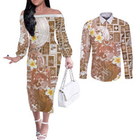Tonga Christmas Couples Matching Off The Shoulder Long Sleeve Dress and Long Sleeve Button Shirt Kilisimasi Fiefia Retro Style Brown LT05 Brown - Polynesian Pride