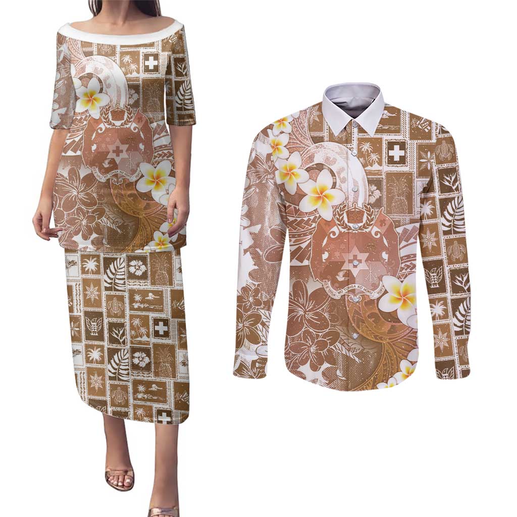 Tonga Christmas Couples Matching Puletasi and Long Sleeve Button Shirt Kilisimasi Fiefia Retro Style Brown LT05 Brown - Polynesian Pride