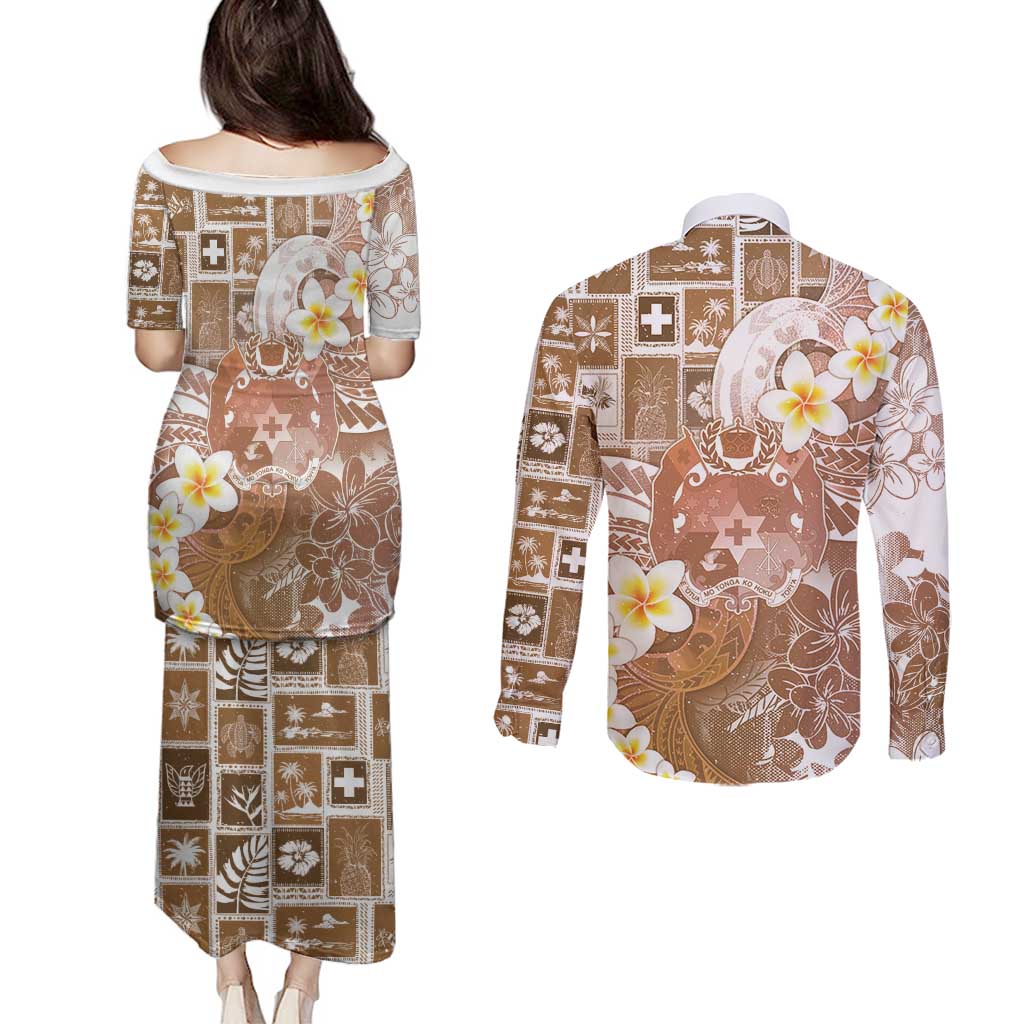 Tonga Christmas Couples Matching Puletasi and Long Sleeve Button Shirt Kilisimasi Fiefia Retro Style Brown LT05 - Polynesian Pride