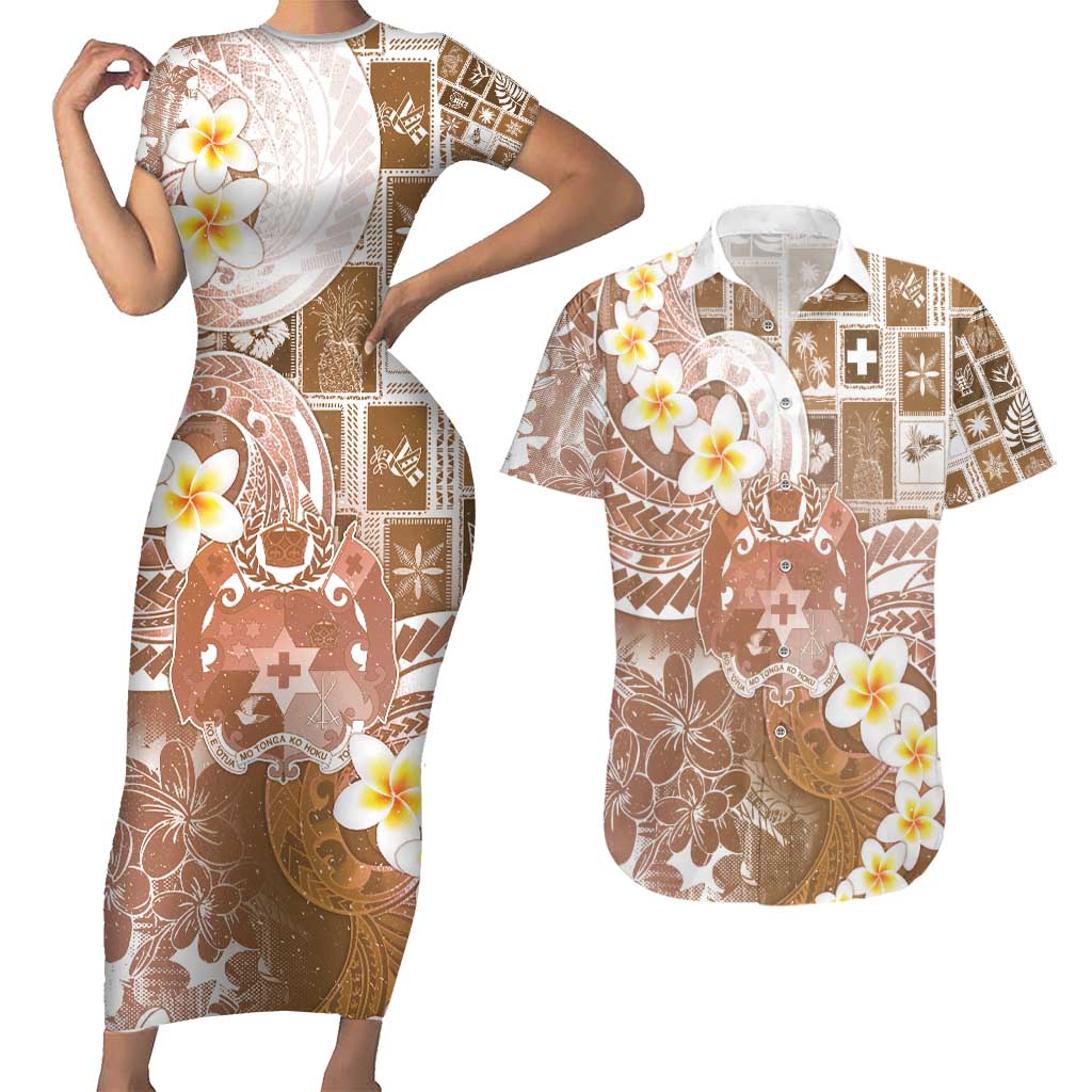Tonga Christmas Couples Matching Short Sleeve Bodycon Dress and Hawaiian Shirt Kilisimasi Fiefia Retro Style Brown LT05 Brown - Polynesian Pride