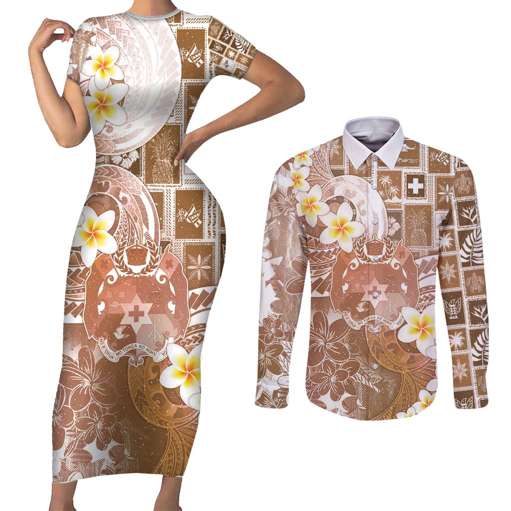 Tonga Christmas Couples Matching Short Sleeve Bodycon Dress and Long Sleeve Button Shirt Kilisimasi Fiefia Retro Style Brown LT05 Brown - Polynesian Pride