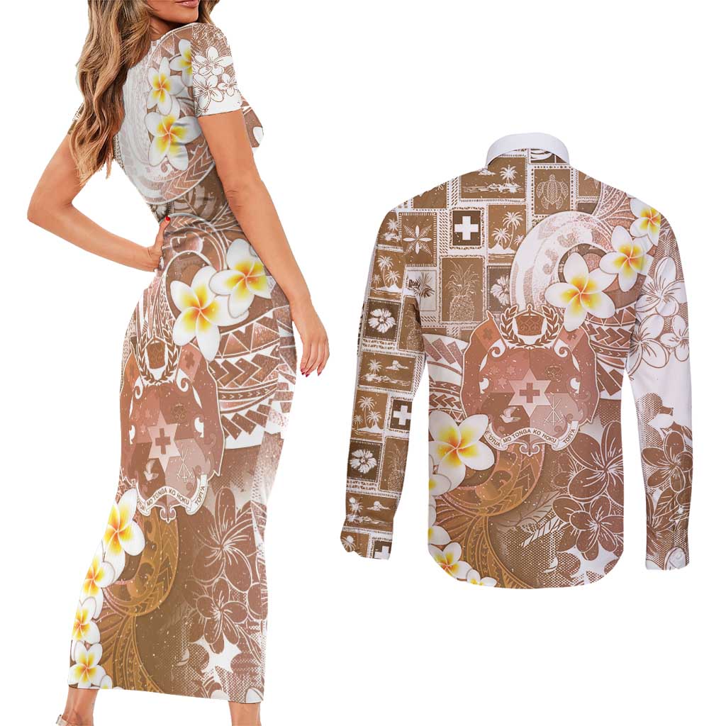 Tonga Christmas Couples Matching Short Sleeve Bodycon Dress and Long Sleeve Button Shirt Kilisimasi Fiefia Retro Style Brown LT05 - Polynesian Pride