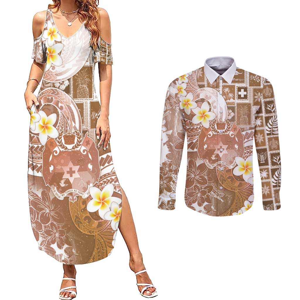 Tonga Christmas Couples Matching Summer Maxi Dress and Long Sleeve Button Shirt Kilisimasi Fiefia Retro Style Brown LT05 Brown - Polynesian Pride