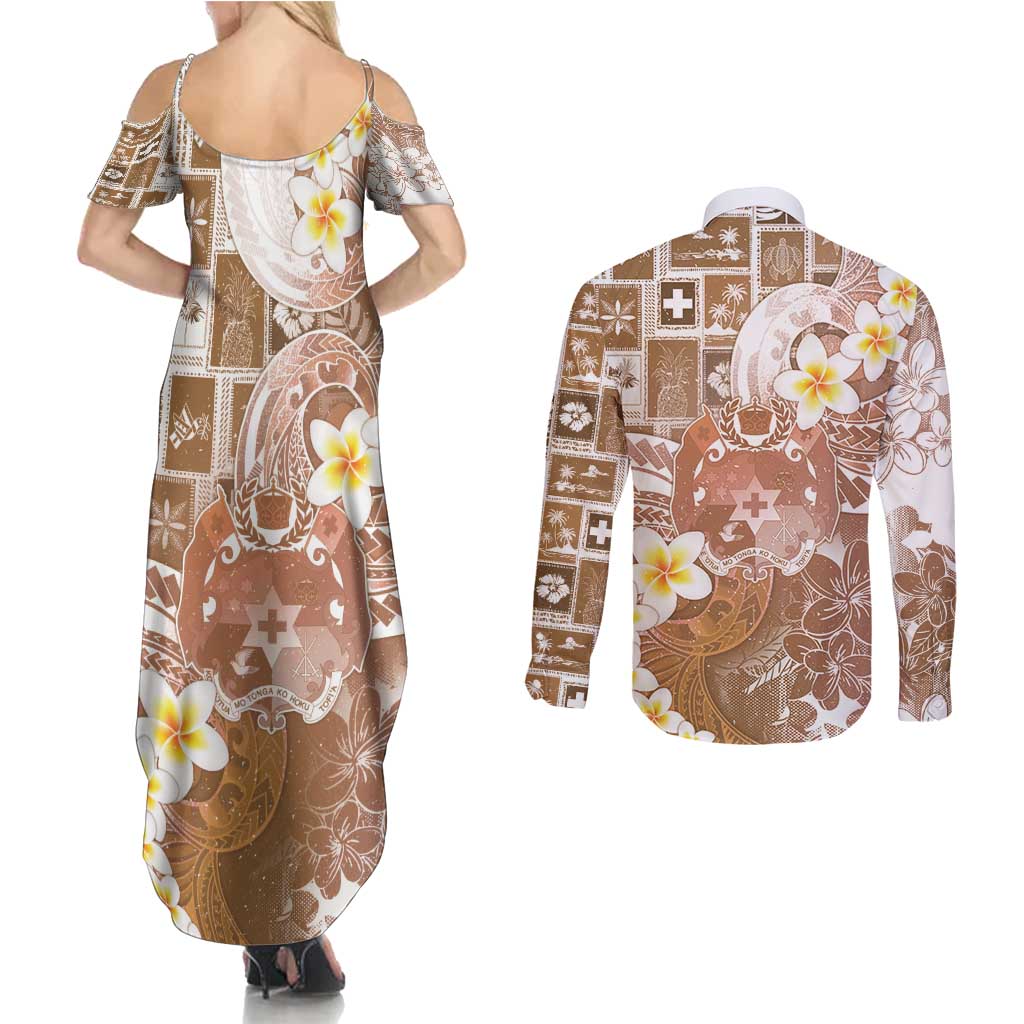 Tonga Christmas Couples Matching Summer Maxi Dress and Long Sleeve Button Shirt Kilisimasi Fiefia Retro Style Brown LT05 - Polynesian Pride