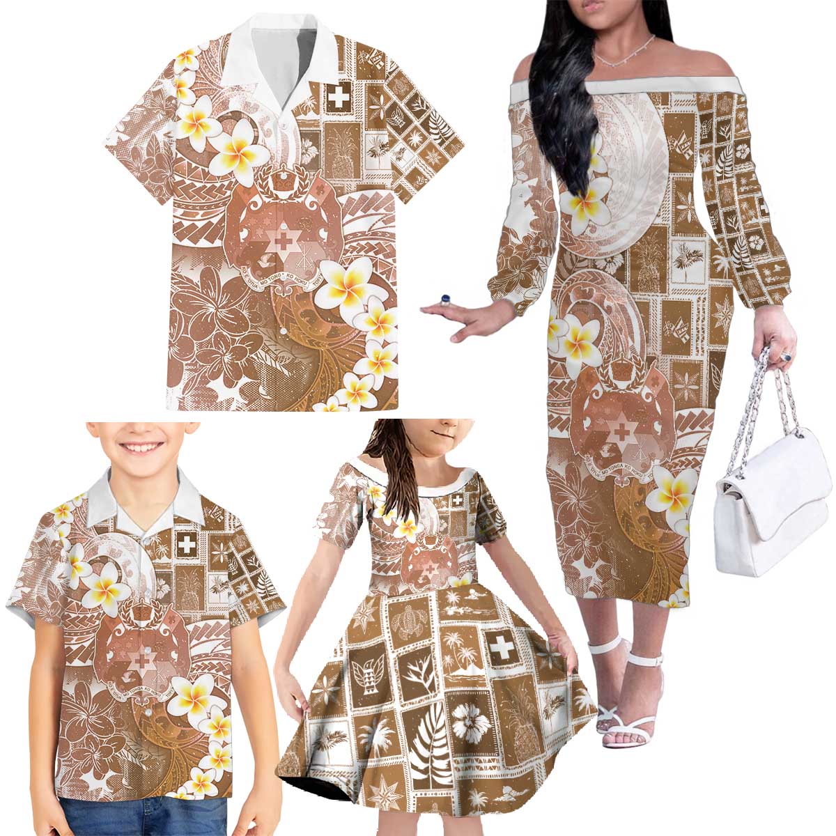 Tonga Christmas Family Matching Off The Shoulder Long Sleeve Dress and Hawaiian Shirt Kilisimasi Fiefia Retro Style Brown LT05 - Polynesian Pride