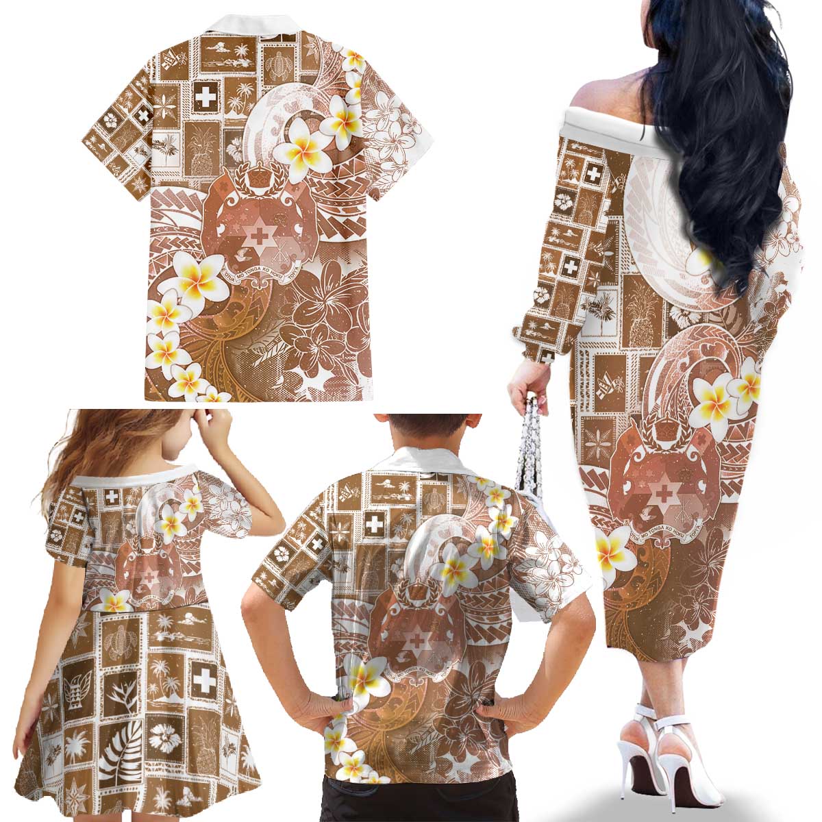 Tonga Christmas Family Matching Off The Shoulder Long Sleeve Dress and Hawaiian Shirt Kilisimasi Fiefia Retro Style Brown LT05 - Polynesian Pride