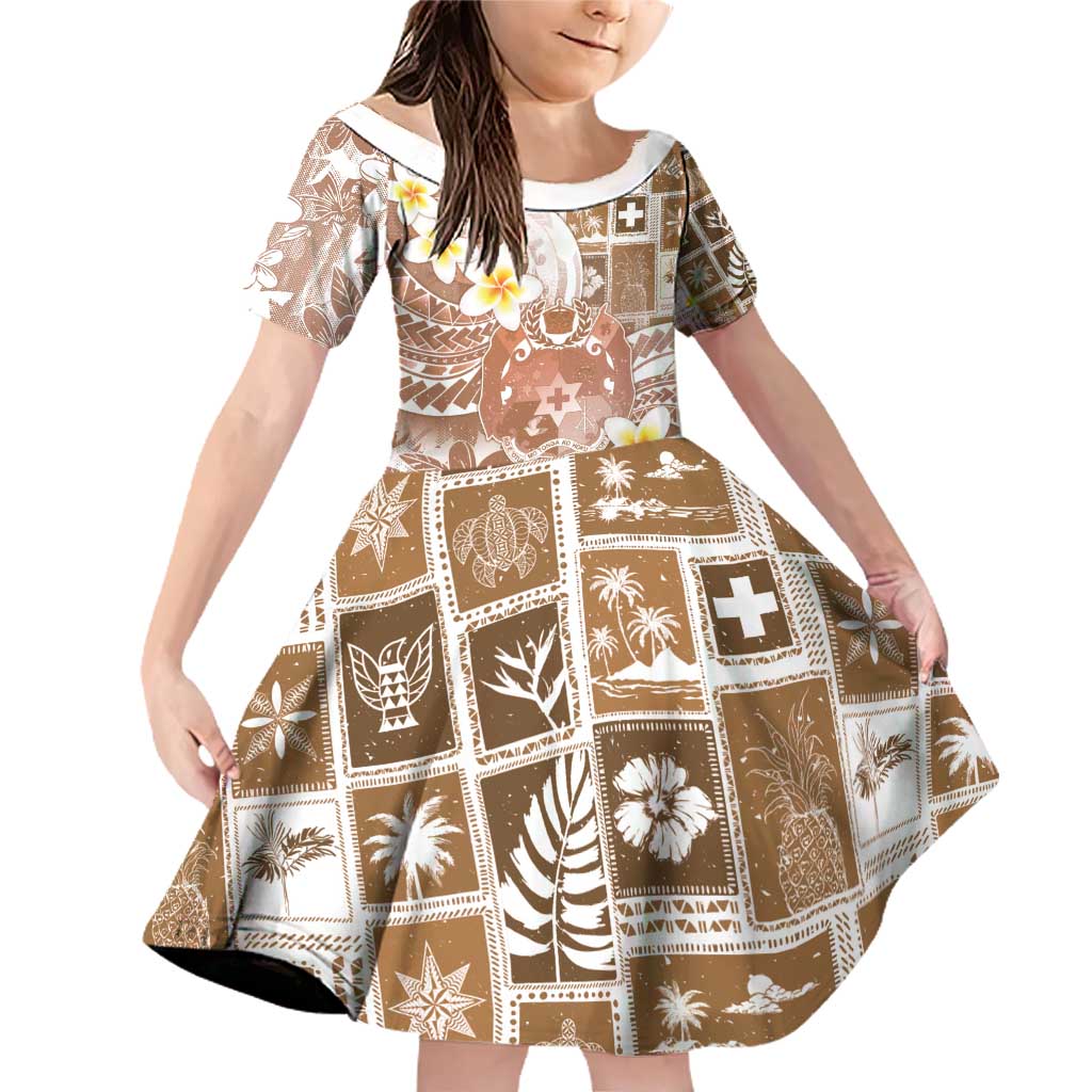 Tonga Christmas Family Matching Off Shoulder Short Dress and Hawaiian Shirt Kilisimasi Fiefia Retro Style Brown LT05 Daughter's Dress Brown - Polynesian Pride