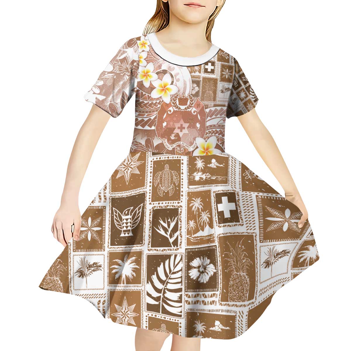 Tonga Christmas Kid Short Sleeve Dress Kilisimasi Fiefia Retro Style Brown - Polynesian Pride