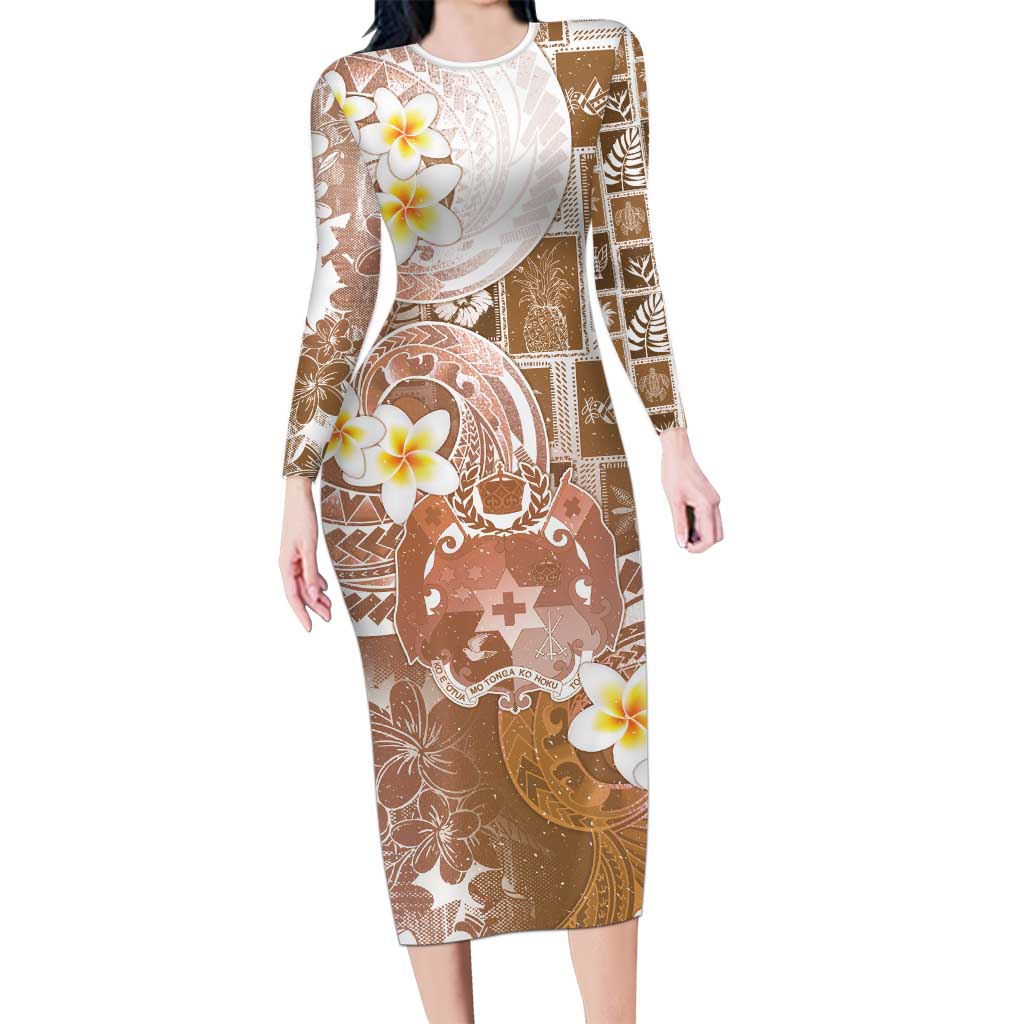 Tonga Christmas Long Sleeve Bodycon Dress Kilisimasi Fiefia Retro Style Brown LT05 Long Dress Brown - Polynesian Pride