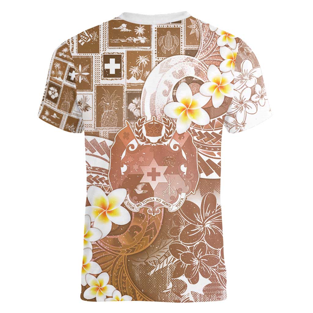 Tonga Christmas Women V-Neck T-Shirt Kilisimasi Fiefia Retro Style Brown LT05 - Polynesian Pride