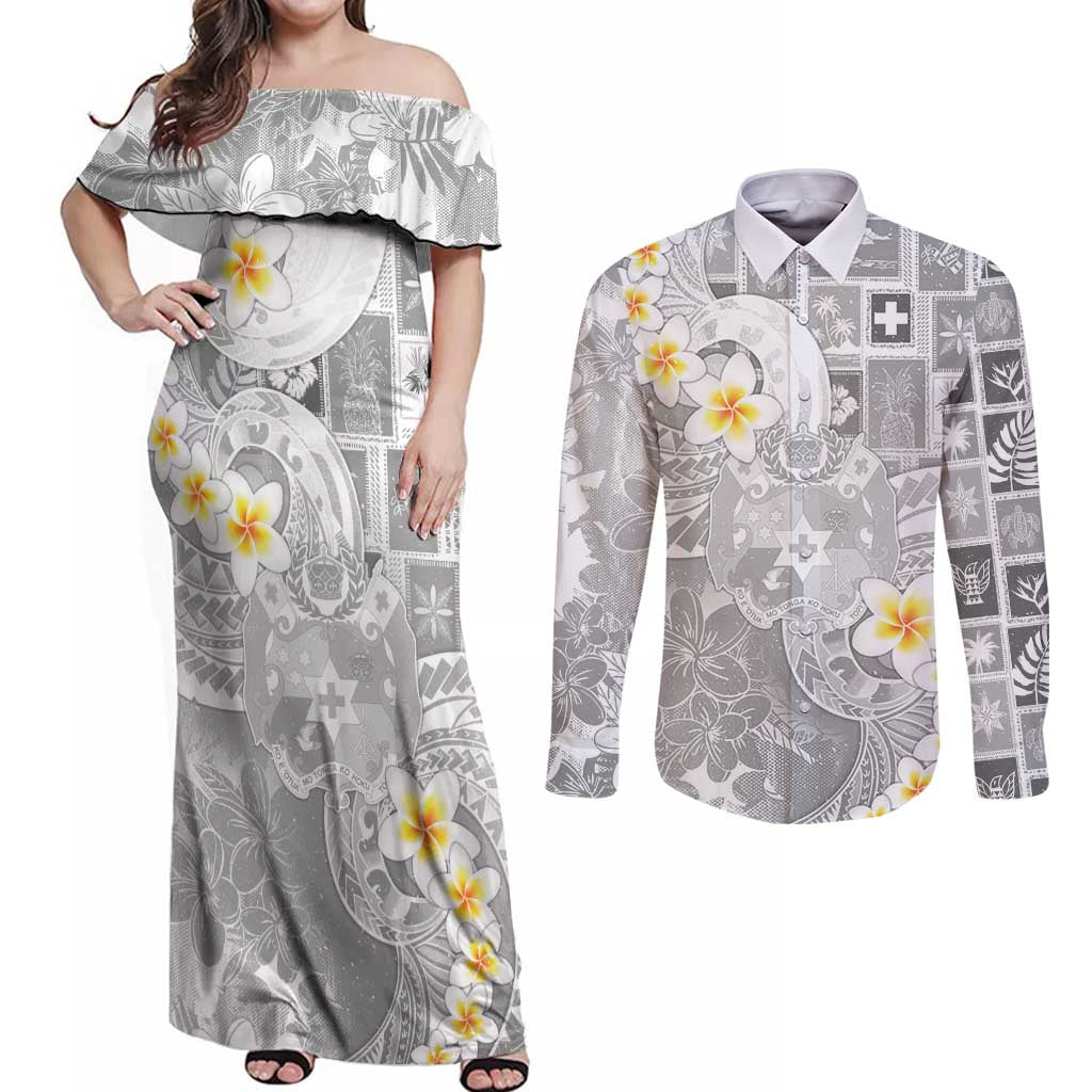 Tonga Christmas Couples Matching Off Shoulder Maxi Dress and Long Sleeve Button Shirt Kilisimasi Fiefia Retro Style White LT05 White - Polynesian Pride