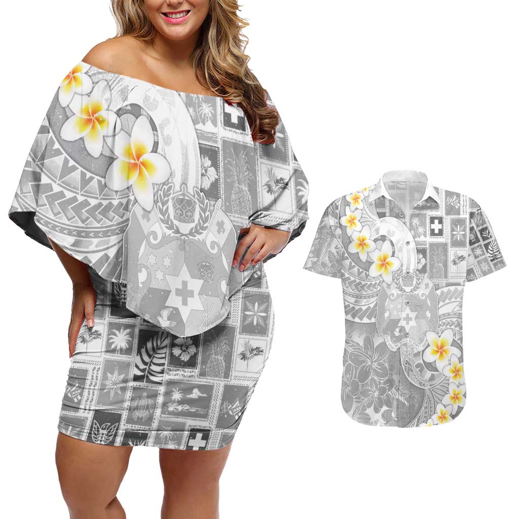 Tonga Christmas Couples Matching Off Shoulder Short Dress and Hawaiian Shirt Kilisimasi Fiefia Retro Style White LT05 White - Polynesian Pride